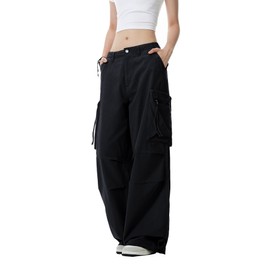WZIKAI Womens Parachute Cargo Pants Y2K Baggy Cargo Pants Wide Leg Casual Joggers with Pockets Black M