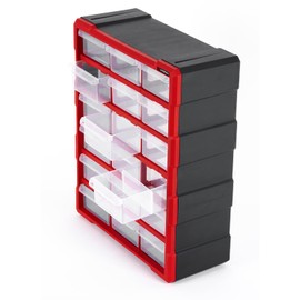 INTERTOOL Hardware and Craft Storage Organizer Cabinet, 18 Compartment Drawers, Plastic Container for Storing and Organization, Black and Red BX08-4019