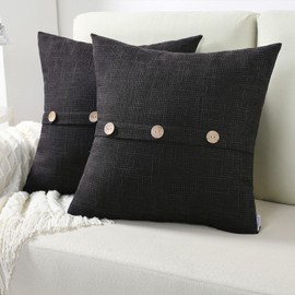 FUTEI Black Linen Decorative Throw Pillow Covers 26x26 Inch Set of 2, Square Euro Shams Cushion Case with Vintage Button/Zipper,Modern Farmhouse Home Decor for Couch,Bed