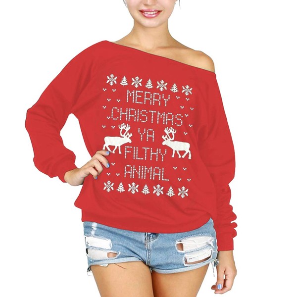 Csbks Merry Christmas Off Shoulder Sweatshirt Women's Long Sleeve Pullover Tops (Merry Christmas/Red, Medium)