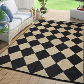 COZYLOOM Outdoor Rug 8x10 Patio Waterproof Plastic Straw Rug Reversible Outdoor Patio Rugs for Camping Backyard Lightweight Foldable Floor Cover for Porch Picnic RV Trip Poolside Beach Checkered Beige