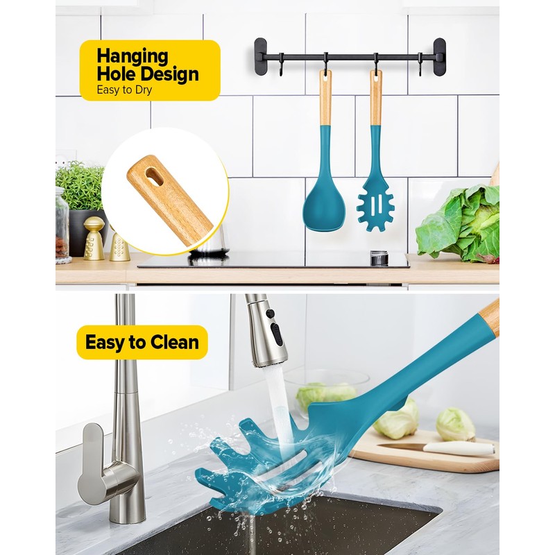 Silicone Soup Ladle and Spaghetti Spoon Set with Wooden Handle,