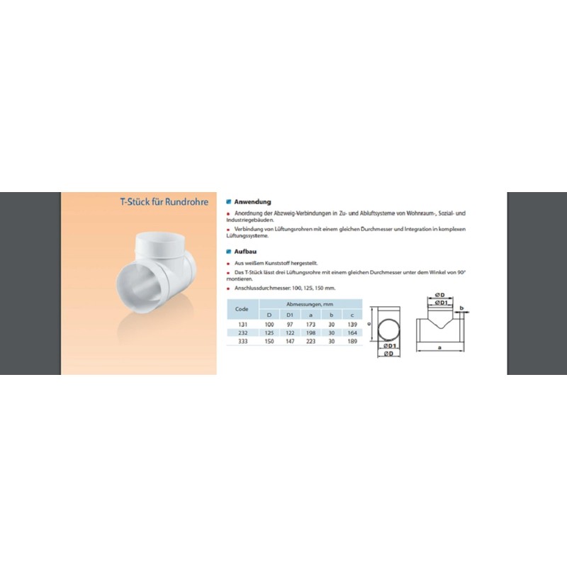 VENTS Diameter 125 mm T-piece adapter for round pipes, PVC