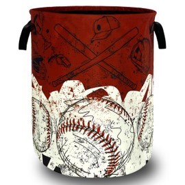 Red White Retro Baseball Laundry Basket Foldable Baseball Funny Laundry Hamper With Handle Oxford Cloth Portable Clothes Storage Basket Laundry Bag 18.9"x16.5" For Laundry Room/Bedroom/Bathrooms