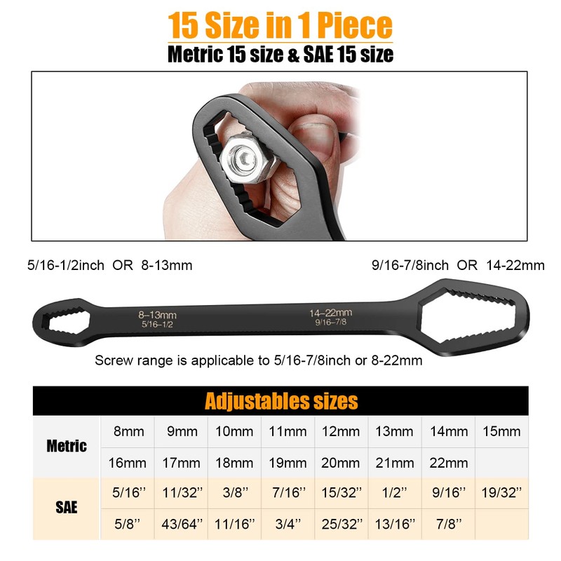 ZUZUAN 2pcs Black Universal Wrench,8-22mm Universal Torx Wrench,Double-ended Self-tightening Adjustable