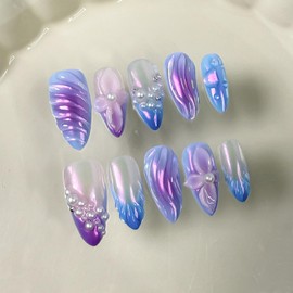 10Pcs Handmade Almond Press on Nails Medium French Tip Fake Nails Blue Purple Gradient False Nails with 3D Pearl Flower Design Acrylic Nails Press ons Full Cover Reusable Stick on Nails for Women (S)