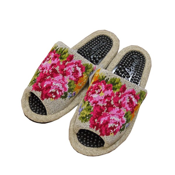 [AI] [Beige M Size] Health Slippers, Made in Japan, Chenille Weave, For Those Up to 9.3 inches (23.5 cm), Chantily, Indoor, Rose Pattern, Open Front, Room Shoes, Women's, Stylish, Elegant, Cute, Rose, Women's Foot Pot, beige