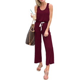 PRETTYGARDEN One Piece Jumpsuits for Women 2025 Summer Casual Drawstring Sleeveless Tank Romper Beach Vacation Outfits (Z-Wine Red,Medium)