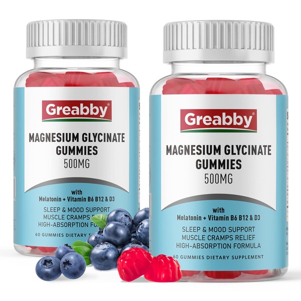 GREABBY Magnesium Glycinate 500mg Gummies with Melatonin, Vitamin B6, B12 & D3, Magnesium Gummies Chewable Supplement for Women & Men, Muscle Relief & Magnesium Supply (120 Gummies)
