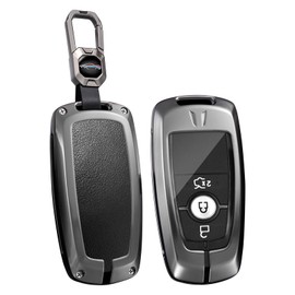 ontto Metal Leather Car Key fob Cover fit for Ford Mustang Ranger Transit EcoSport Everest Bronco Edge Fusion Key Holder case 2/3/4/5 Buttons keyring Shell keychain accessories Black 1