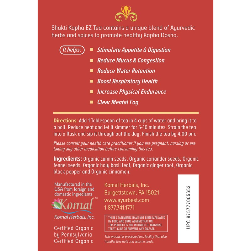 Shakti Kapha EZ Herbal Tea, Organic, USDA Certified Organic, Net