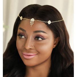 Unsutuo Rhinestone Head Chain Bridal Head Chain Jewelry Gold Forehead Hair Jewelry Bohemian Headbands Crystal Wedding Headpiece for Women and Girls (Gold)