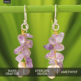 NOVICA Artisan Handmade Cultured Pearl Amethyst Cluster Earrings Unique Beaded Sterling Silver Purple White Thailand Mauve Mist Birthstone [1.8 in L x 0.5 in W] ' Afternoon Lilac'