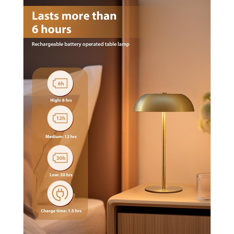 BRASSLISM Gold Cordless Table Lamp – Rechargeable Touch Lamp with