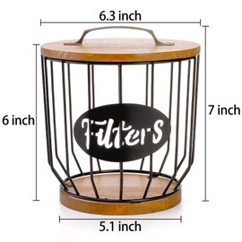 yarlung Coffee Filters Holder with Lid, Large Capacity K Cup Coffee Pods Holder with Rustic Wooden Base, Black Wire Coffee Storage Basket for Kitchen Countertop, Coffee Bar, Coffee Station Organizer