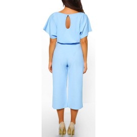 CHARTOU Women's Short Sleeve Bow Tie Wide Leg Cropped Capri Romper Palazzo Pants Jumpsuit (X-Large,Light blue)