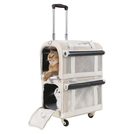 Extra Large Double Pet Carrier with 2 Detachable Carrier Bags, Cat Carrier Soft with Wheels for 2 Extra Large Cats or Small Dogs, Portable Cat Rolling Carrier for Car Travel Bus Subway, Brown