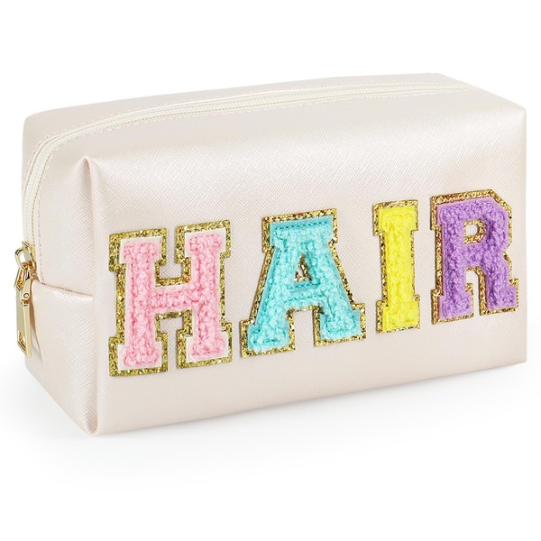 GINOYA Letter Cosmetic Bag, Faux Leather Patch Cosmetic Bag with Hair Chenille Letter for Handbag Changing Bag Travel, cream, HAIR
