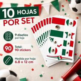 Set de 90 Tatuajes Temporales de México para Aficionados al Fútbol - 10 Hojas de 6.8x12cm, Accesorios para Estadios y Fiestas Deportivas, Kit de Animación Tricolor - Resistentes al Agua