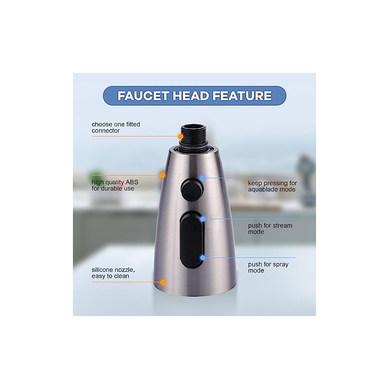 WOWOW Kitchen Faucet Head Replacement Brushed Nickel, 3 Function Pull