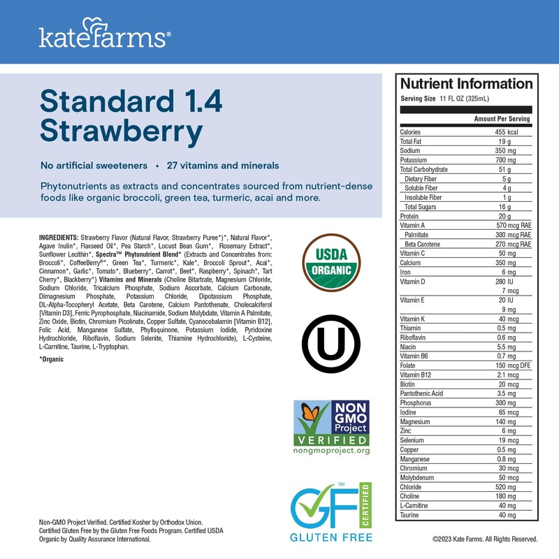 KATE FARMS Organic 1.4 High Calorie Nutrition Shake, Strawberry, 20g