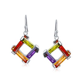 Colorful Statement Fashion Multicolor CZ Bars Geometric Square Dangle Earrings For Women Teens Prom Silver Plated Fish Hook