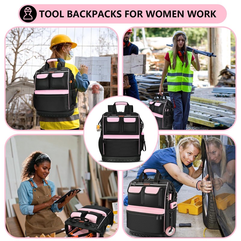 LOKASS Pink Tool Bag for Women, Wide-open Tool Backpack with