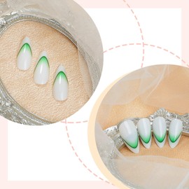 White & Green Gradient Acrylic Nails, 24 Pcs Glossy Green Ombre False Nails with French Tips, Almond Medium Size for Women Girls