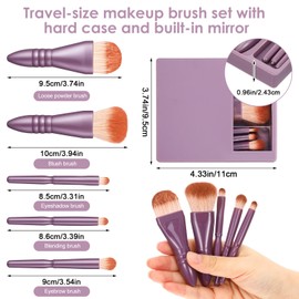 Travel Size Makeup Brushes Set with Case and Mirror, 5Pcs On The Go Soft Mini Essentials Cosmetic Brushes, Small Essentials Function Cosmetic Brush Tools(Purple)