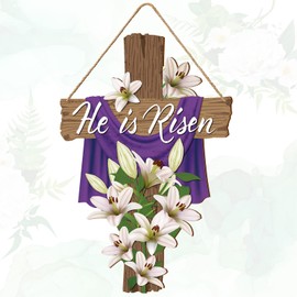 Queekay Easter He He Is Risen Wreath for Front Door Decor Religious Easter Decoration Wooden Egg Rabbit Cross Door Sign Hanging Sign Christian Floral Decor for Party Supplies(Cross Style)