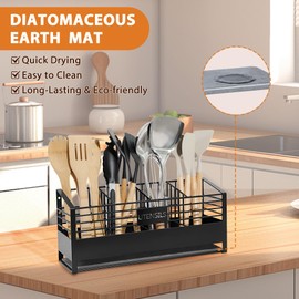 RESENSTORE Large Utensil Holder for Kitchen Counter, 4 Compartments Kitchen Cooking Utensil Holder Organizer with Diatomaceous Earth Base Matte Black