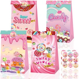 12Pcs Candy Sweet Land Goodie Bags with Stickers Lollipop Gift Bags Candyland Themed Party Favors Goody Treat Bag for Birthday,Baby Shower,Weddings,Guraduations Candy Shop Theme Party Supplies Decor