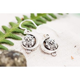 WINDALF Lucky Owl Earrings Amica 3.4 cm Vintage Owl Jewellery with Crescent Moon Bohemia Silver Earrings 925 Sterling Silver, Fabric, No Gemstone