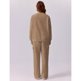 PINSPARK Womens 2 Piece Sets Sweatsuit 2024 Fall Oversized Tracksuits Fleece Loungewear Comfy Sweatshirt Thumb holes Cargo Pants with Pockets Cozy Travel Outfits Comfy Matching Sets, Khaki Large