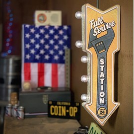 Full Service Station Double-Sided Marquee Sign With Vintage Print And LED Bulbs Retro Inspired Decor For The Home (26” x 3” x 8”)