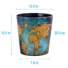 Dreamseden Vintage Leather Trash Can - Retro Waste Toillet Paper Bin Basket for Bathroom Bedroom Office (Blue World map)
