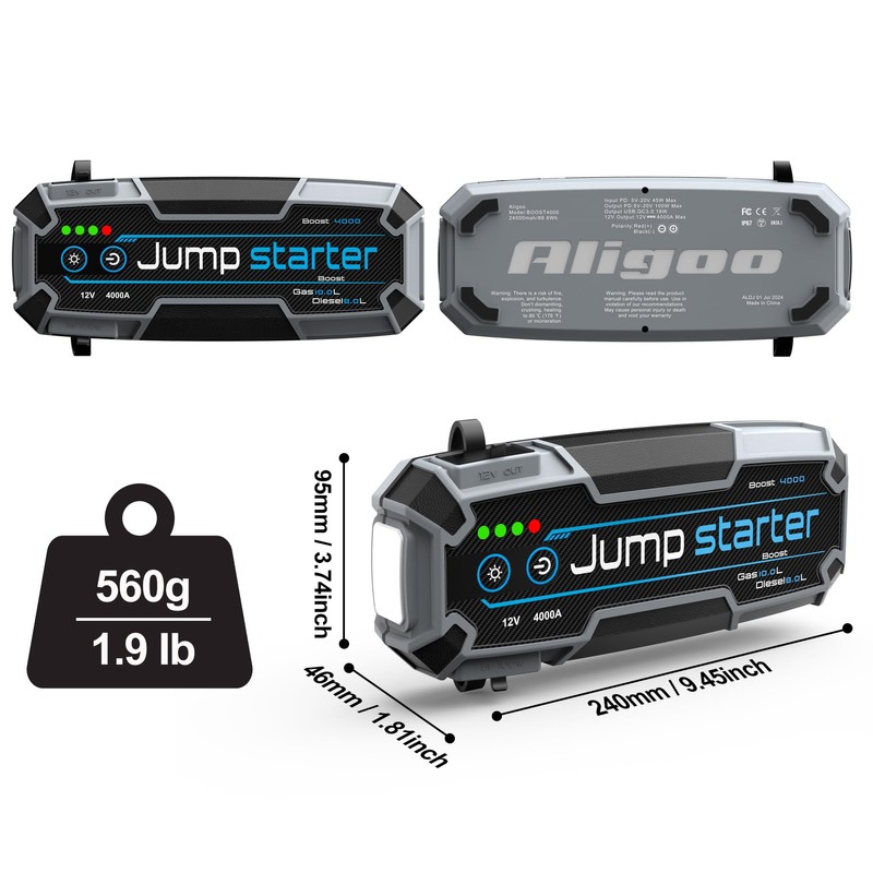 Car Jump Starter, 4000A Peak 24000mAh, 100W PD Fast Charging,