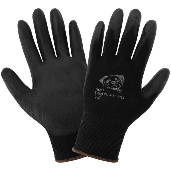 Global Glove Pug PUG17 Black Polyurethane Coated Nylon Gloves, 12-Pack Small