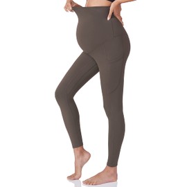 POSHDIVAH Women's Maternity Workout Leggings Over The Belly Pregnancy Yoga Pants with Pockets Soft Active Wear Work Pants Brown Medium