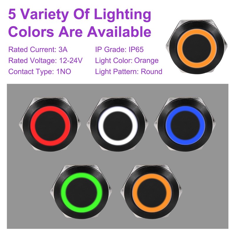 DMiotech 2Pcs 12mm Push Button Switch, IP65 1NO 12-24V 3A