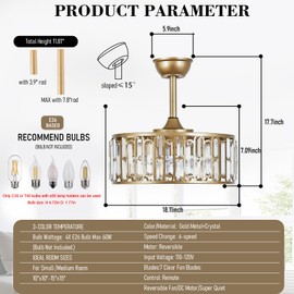 18" Crystal Caged Ceiling Fan with Light, Gold Fandelier Ceiling Fan with Remote, Chandelier Fan Enclosed with Reversible Motor 6 Speed for Bedroom,Living Room, Dining Room