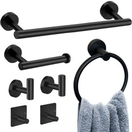 7 Pcs Matte Black Bathroom Hardware Set, Includes Bathroom Wall Mount 16 inch Hand Towel Bar, Towel Ring, Toilet Paper Holder, 4 Towel Hooks, Durable 304 Stainless Steel Bathroom Towel Rack Set