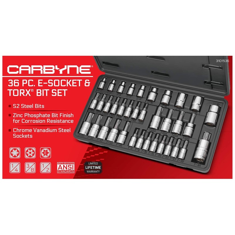 CARBYNE 36-Piece Torx Bit Socket & E-Socket Set | Includes