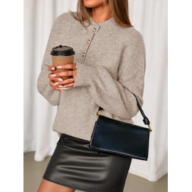 MEROKEETY Women's 2025 Fall Oversized Sweaters Chunky Long Lantern Sleeve Buttoned Mock Neck Winter Knit Loose Pullover Tops, LightKhaki, Large