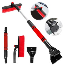 Car Ice Scraper with Broom, Snow Brush with Ice Scraper, Extendable Snow Removal Brush, Removable Snow Brush, Snow Scraper and Brush for Windscreens of Cars, SUVs and Trucks (Red)