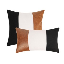 Pmnzdy Set of 2 Faux Leather Cushion Covers Leather Sofa Cushion Decorative Cushion Covers Stripes Patchwork Linen Decorative Cushion Cover for Sofa Car Home Decoration