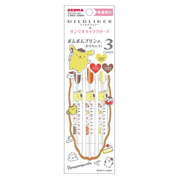 Zebra WKT7-SR-3C-PN Highlighter, Mildliner, Sanrio Pom Pom Pudding, 3 Colors