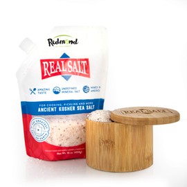Redmond Real Salt - Natural Unrefined Sea Salt, Kosher Gift Bundle (16oz Kosher pouch & Bamboo Salt Dish)