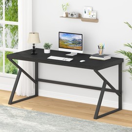 HSH Black Computer Desk, Long Home Office Laptop PC Desk, Large Industrial Metal Wood Executive Writing Gaming Workstation Desk, Modern Simple Student Study Work Table for Bedroom Living Room, 60 Inch