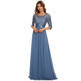 Ever-Pretty Women's Elegant 3/4 Sleeves Sequin Empire Waist A Line Chiffon Mother of The Bride Dresses Denim Blue 24UK
